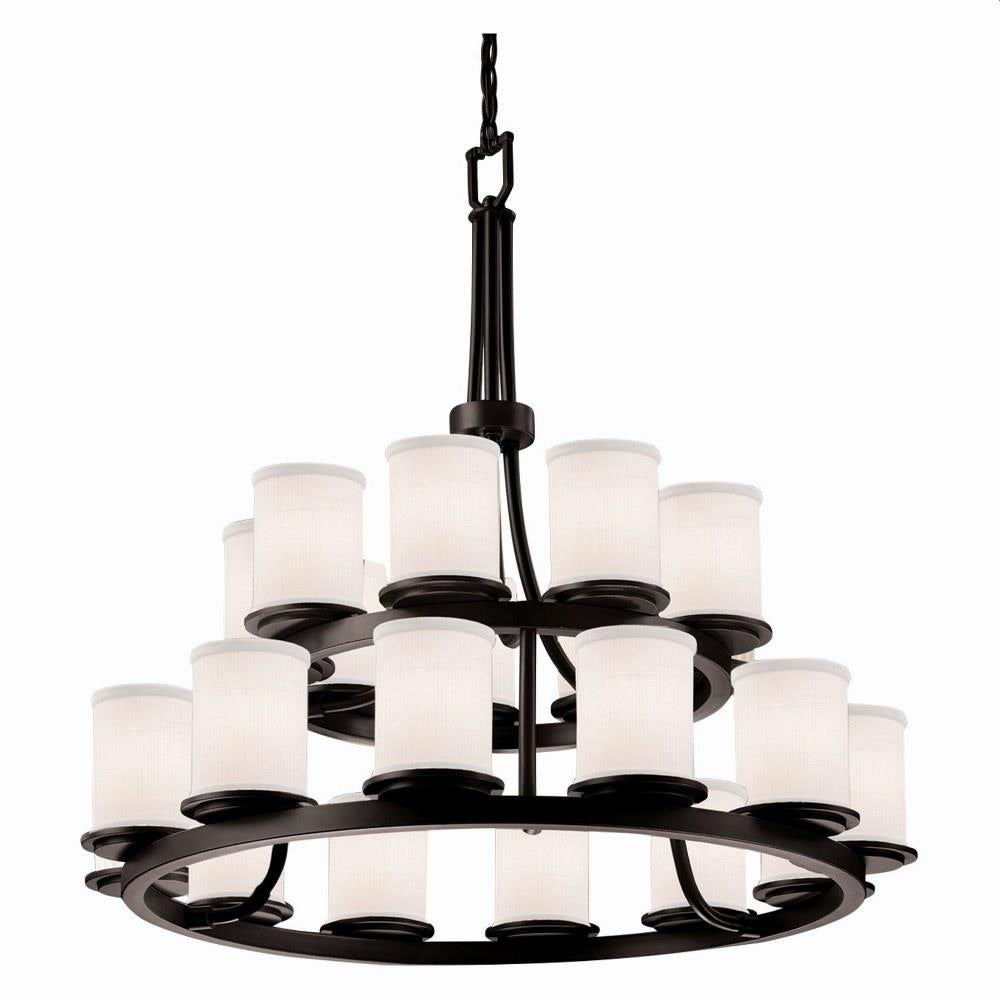 Justice Design - FAB-8767-10-WHTE-DBRZ - Textile Dakota - 21 Light 2-Tier Ring Chandelier with Cylinder Flat Rim White Woven Fabric Shade