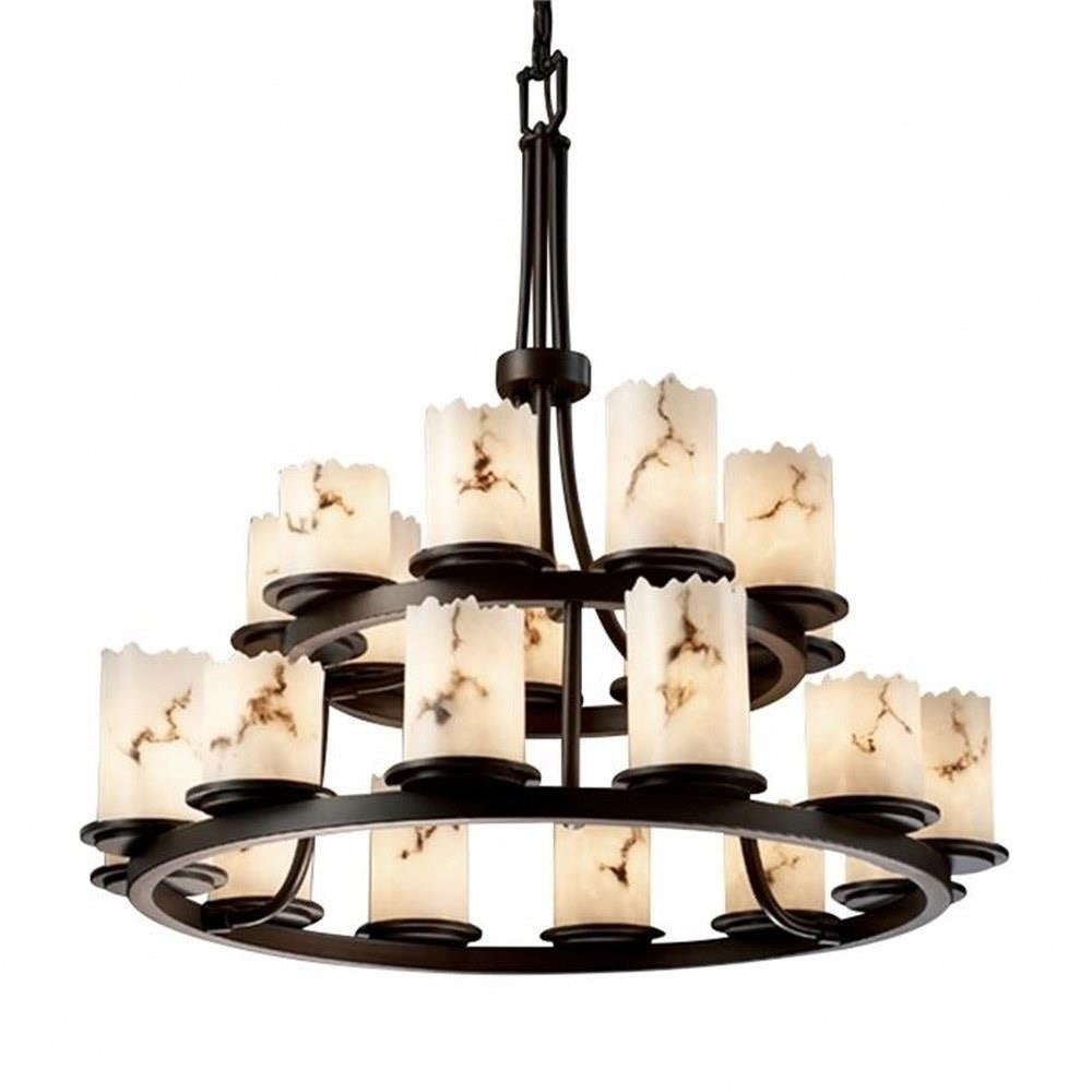 Justice Design - FAL-8767-12-DBRZ - LumenAria Dakota - 21 Light 2-Tier Ring Chandelier with Cylinder/Broken Rim Faux Alabaster Shade