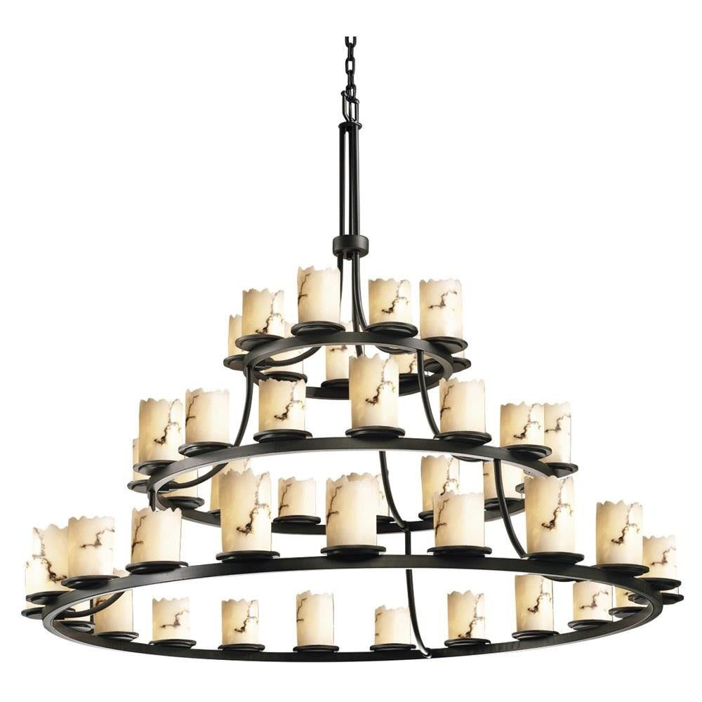 Justice Design - FAL-8714-12-DBRZ - LumenAria Dakota - 45 Light 3-Tier Ring Chandelier with Cylinder/Broken Rim Faux Alabaster Shade
