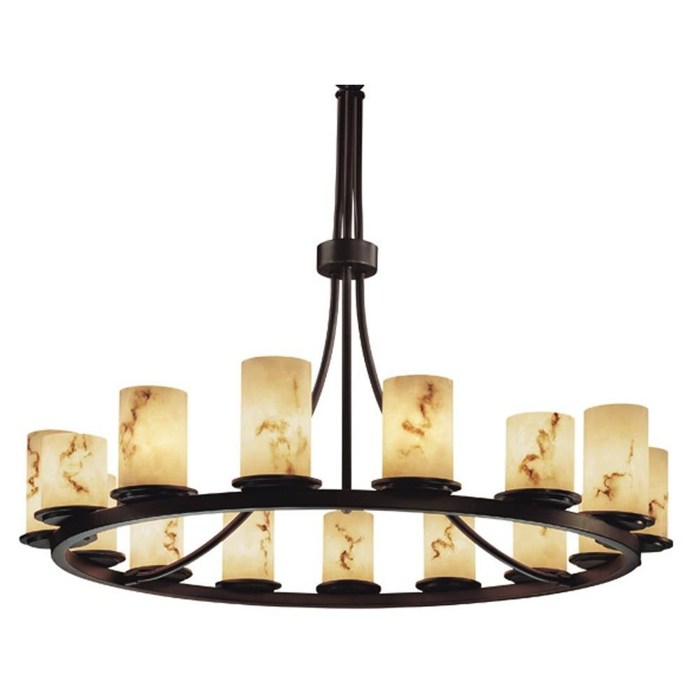 Justice Design - FAL-8715-10-DBRZ - LumenAria Dakota - 15 Light Ring Chandelier with Cylinder/Flat Rim Faux Alabaster Shade