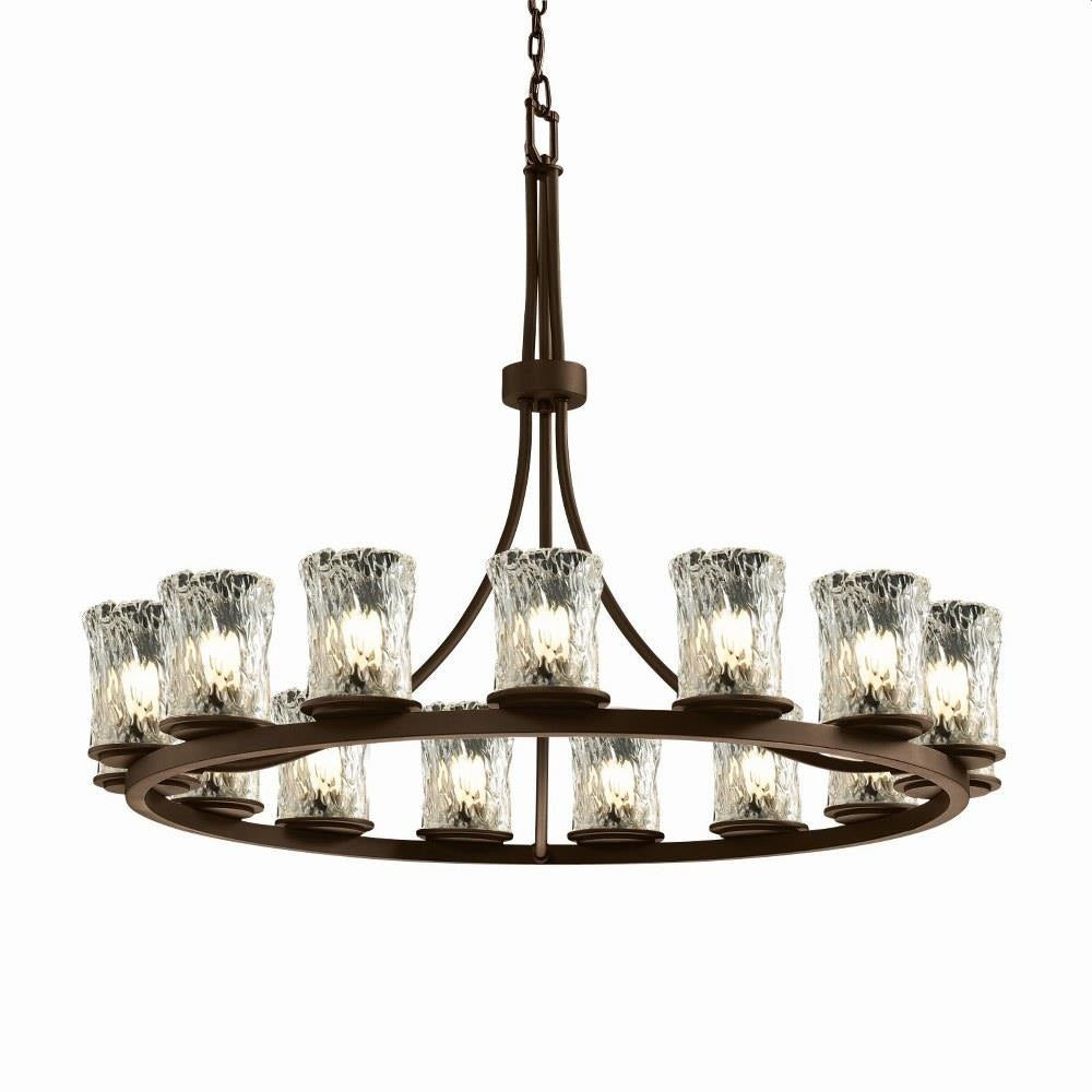 Justice Design - GLA-8715-16-CLRT-MBLK - Veneto Luce Dakota - 15 Light Ring Chandelier with Cylinder/Rippled Rim Clear Textured Venetian Glass