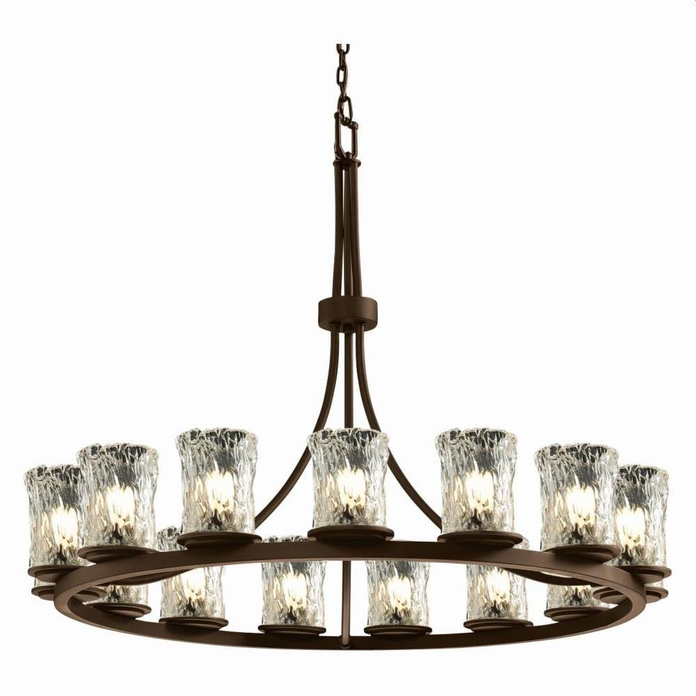 Justice Design - GLA-8715-16-CLRT-MBLK - Veneto Luce Dakota - 15 Light Ring Chandelier with Cylinder/Rippled Rim Clear Textured Venetian Glass