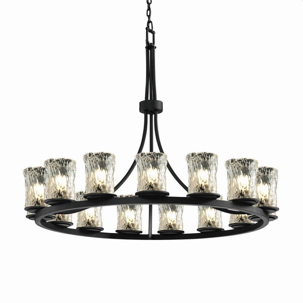 Justice Design - GLA-8715-16-CLRT-MBLK - Veneto Luce Dakota - 15 Light Ring Chandelier with Cylinder/Rippled Rim Clear Textured Venetian Glass