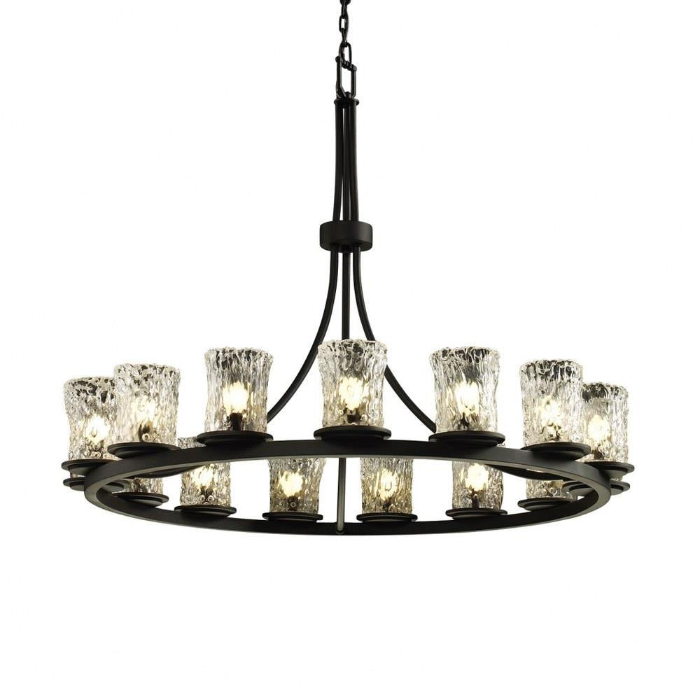 Justice Design - GLA-8715-16-CLRT-MBLK - Veneto Luce Dakota - 15 Light Ring Chandelier with Cylinder/Rippled Rim Clear Textured Venetian Glass