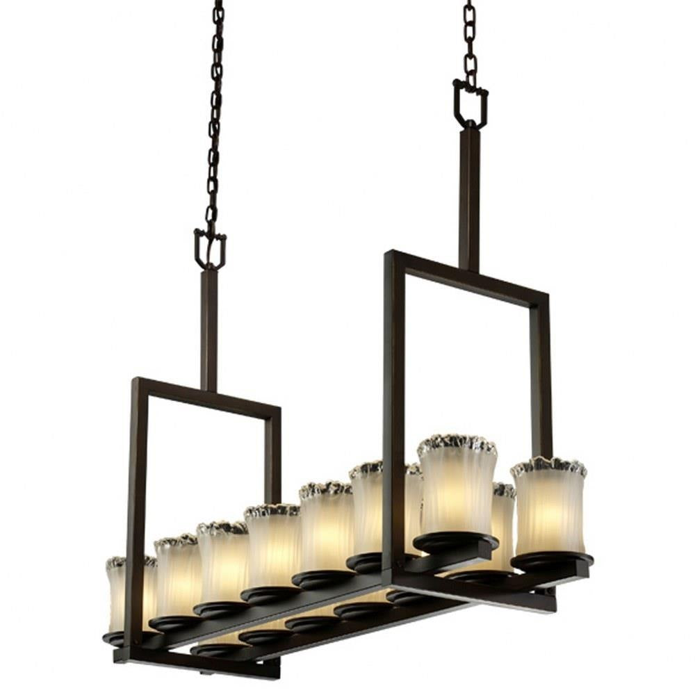 Justice Design - GLA-8764-16-WTFR-MBLK-LED14-9800 - Veneto Luce Dakota - 14 Light Tall Bridge Chandelier with Cylinder/Rippled Rim White Frosted Venetian Glass