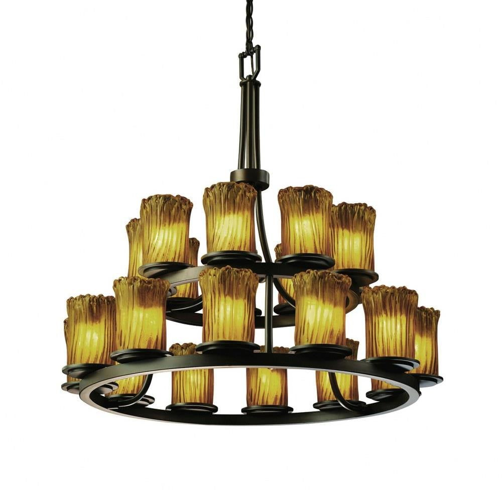 Justice Design - GLA-8767-16-AMBR-DBRZ - Veneto Luce Dakota - 21 Light 2-Tier Ring Chandelier with Cylinder/Rippled Rim Amber Venetian Glass