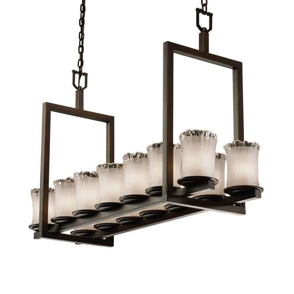 Justice Design - GLA-8769-16-WTFR-MBLK-LED14-9800 - Veneto Luce Dakota - 14 Light Short Bridge Chandelier with Cylinder/Rippled Rim White Frosted Venetian Glass