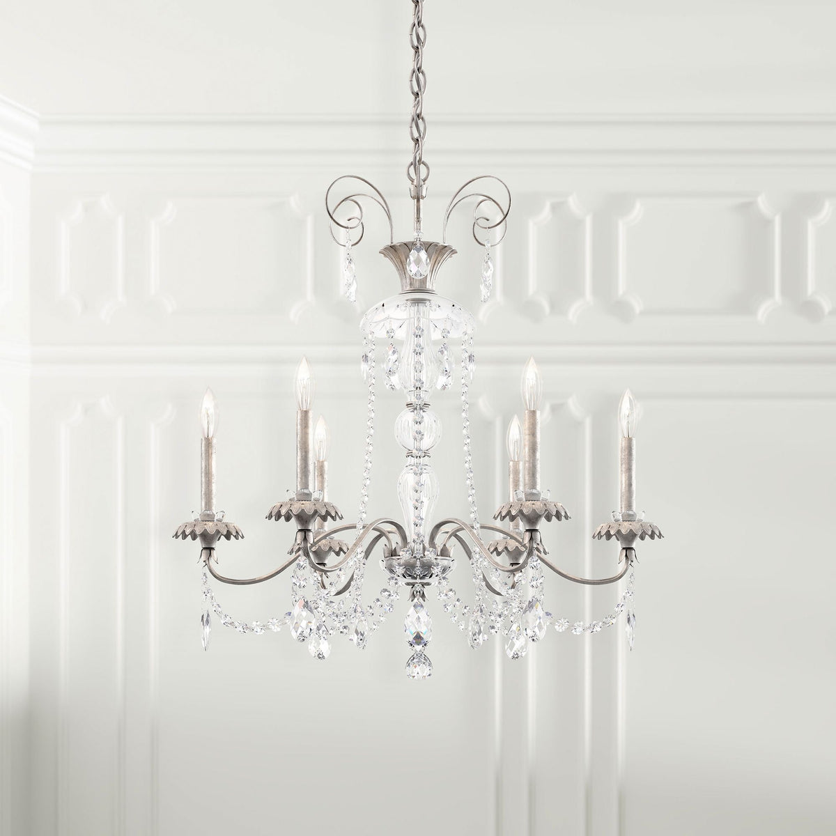Helenia 30"H x 28"W 6-Light Crystal Chandelier in Antique Silver