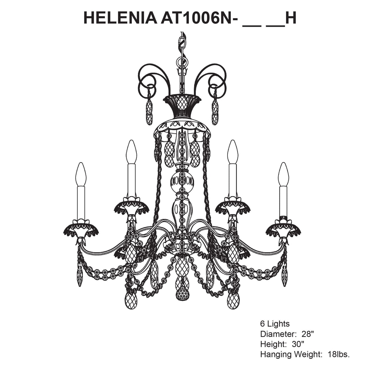 Helenia 30"H x 28"W 6-Light Crystal Chandelier in Antique Silver