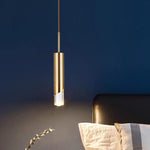 Elongated Slender Cylinder Modern Gold Crystal Column Pendant Lights