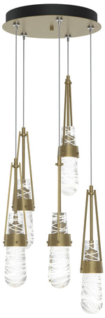 Link 13"W 5-Light Gold Long Pendant w/ Clear White Threaded Glass Shad