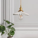 Nordic Vintage Ceramic Pleated Design Brass LED Pendent Lighting for Bedside Dining-table