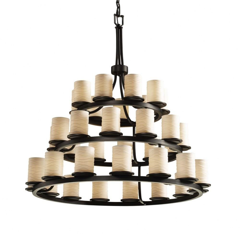 Justice Design - POR-8712-10-WAVE-MBLK - Limoges Dakota - 36 Light 3-Tier Ring Chandelier with Waves Flat Rim Cylinder Shade