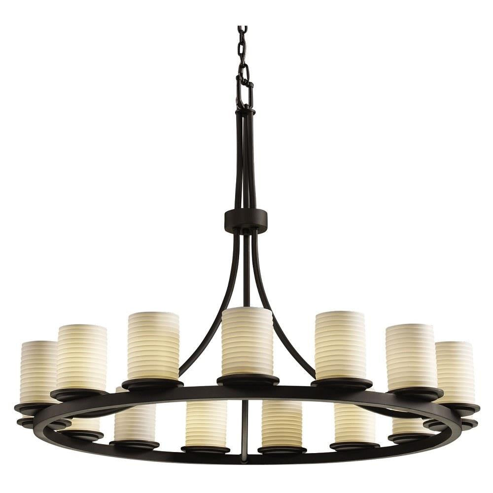 Justice Design - POR-8715-10-SAWT-DBRZ - Limoges Dakota - 15 Light Ring Chandelier with Sawtooth Flat Rim Cylinder Shade