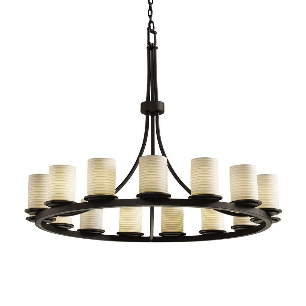 Justice Design - POR-8715-10-SAWT-DBRZ - Limoges Dakota - 15 Light Ring Chandelier with Sawtooth Flat Rim Cylinder Shade