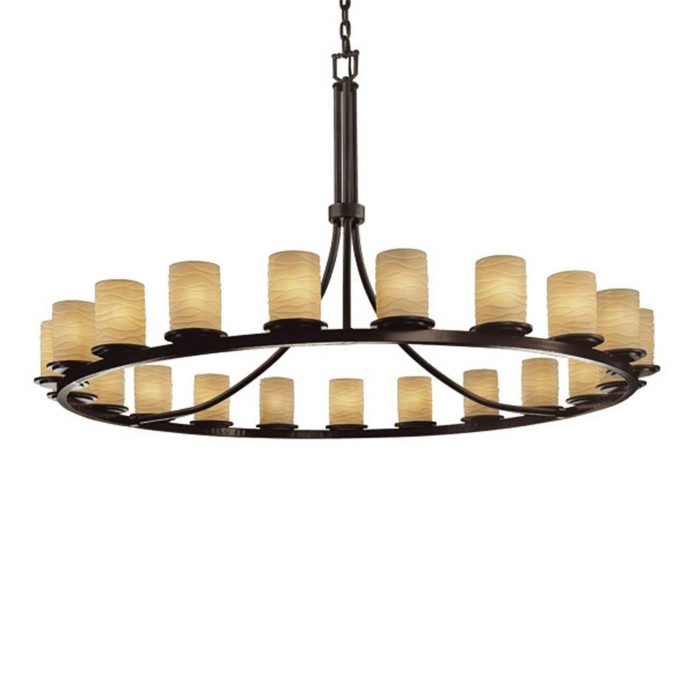 Justice Design - POR-8716-10-WAVE-DBRZ - Limoges Dakota - 21 Light Ring Chandelier with Waves Flat Rim Cylinder Shade