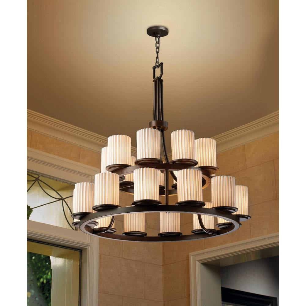 Justice Design - POR-8767-10-PLET-MBLK - Limoges Dakota - 21 Light 2-Tier Ring Chandelier with Pleats Flat Rim Cylinder Shade
