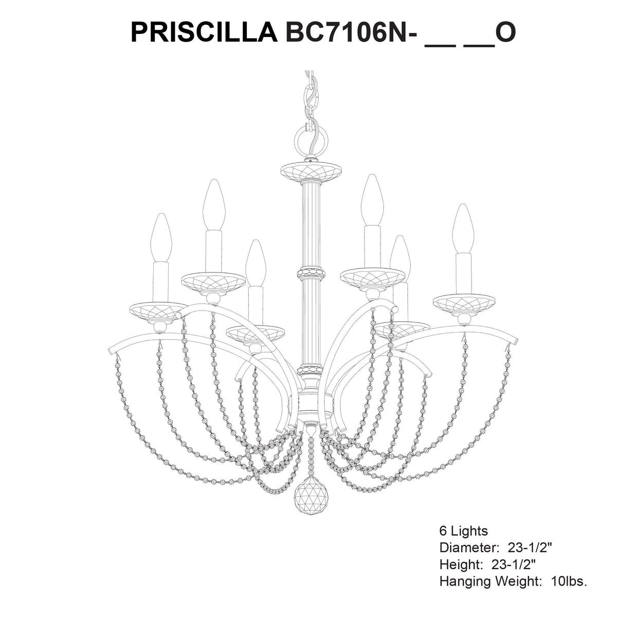 Priscilla 23.5"H x 23.5"W 6-Light Crystal Chandelier in White