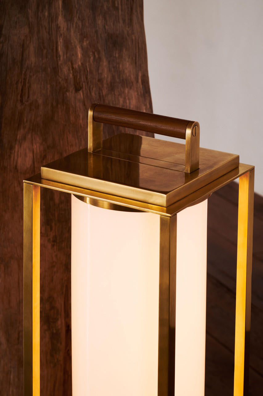 Northport Floor Lantern - Natural Brass and Teak