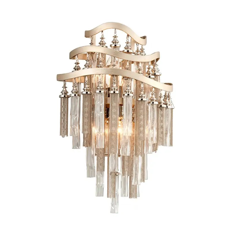 Chimera Wall Sconce In Silver Leaf Finish With Nickel & Crystal Tassels And Clear Tubular Murano Glass
