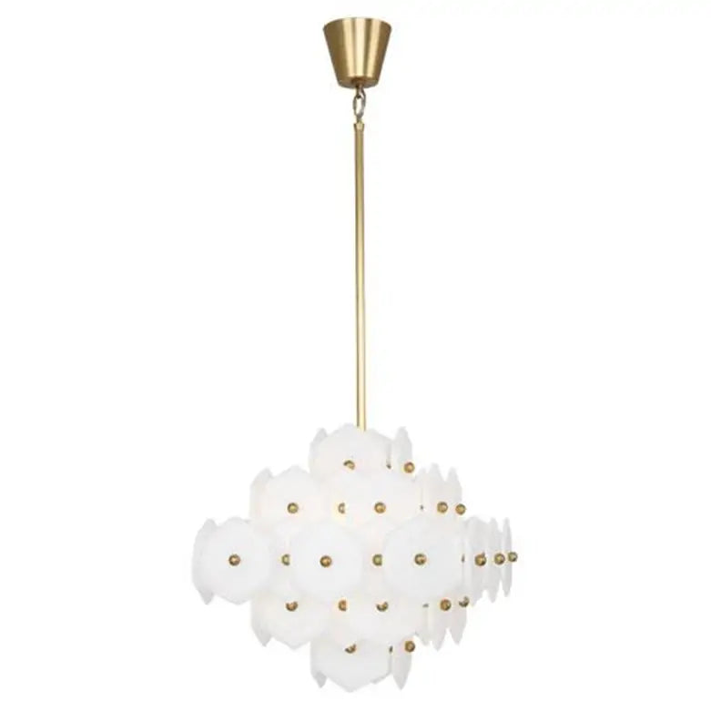 JONATHAN ADLER VIENNA PENDANT in Modern Brass Finish & Individually Hand Blown White Pulegoso Glass