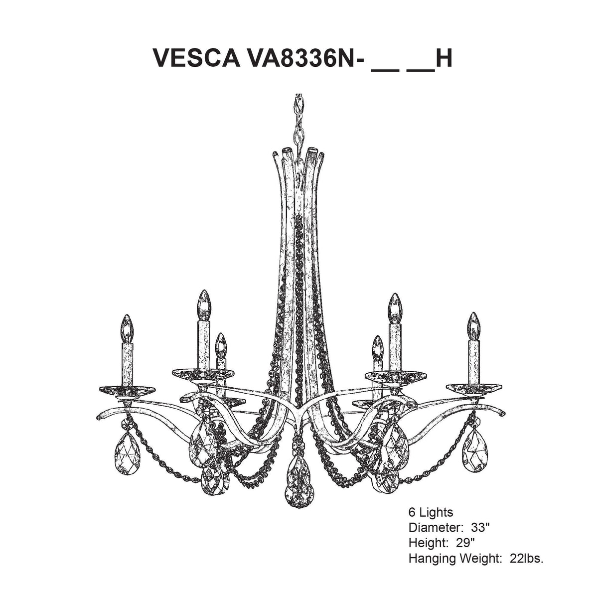 Vesca 29"H x 33"W 6-Light Crystal Chandelier in Heirloom Gold