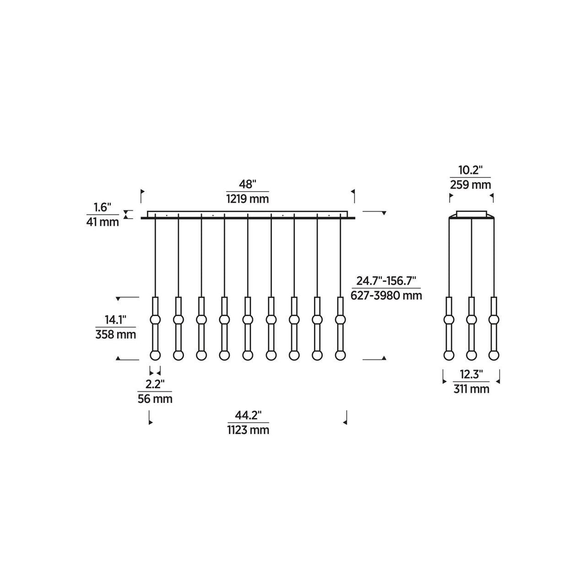 Turret Ceiling Chandelier, 18-Light, LED, Natural Brass, 44.5"L (700TRSPTRT18TNB-LED930277 70PGDLK)