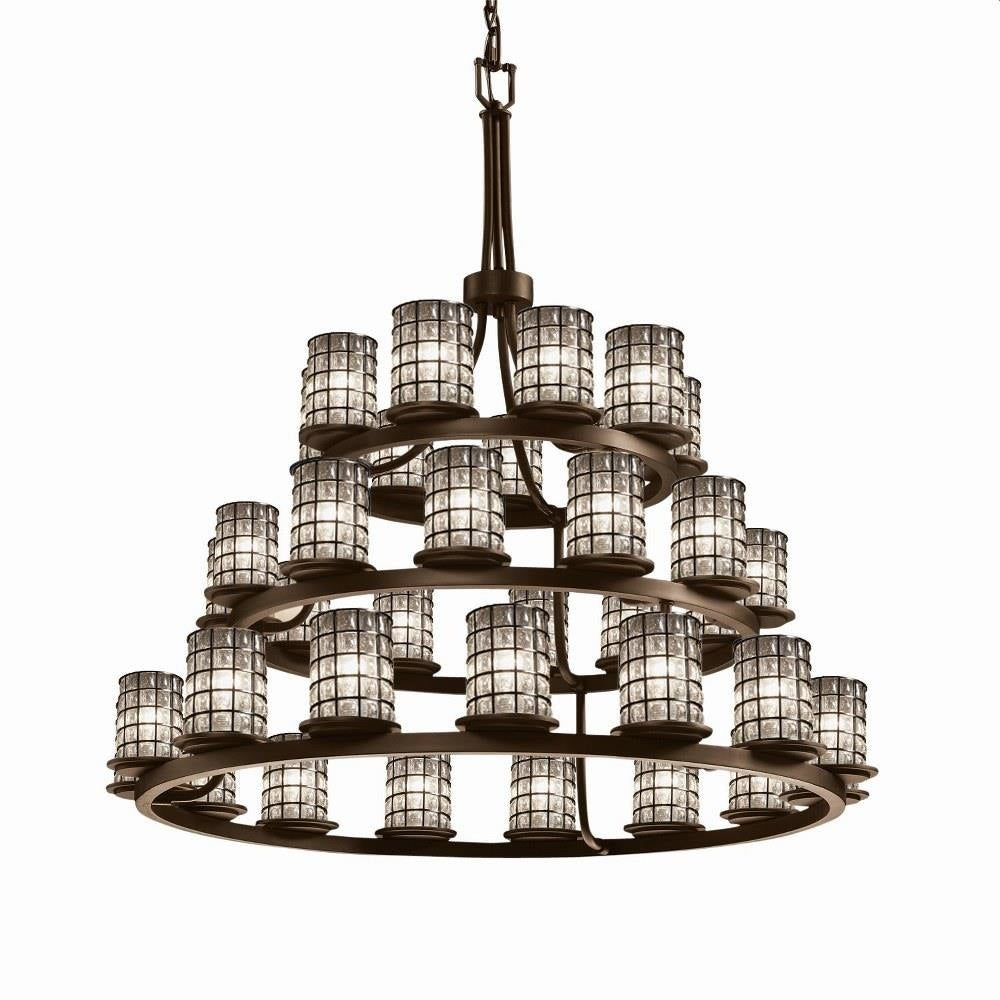 Justice Design - WGL-8712-10-GRCB-DBRZ - Wire Glass Dakota - 36 Light 3-Tier Ring Chandelier with Cylinder Flat Rim Shape Grid with Clear Bubble Wire Glass Shades