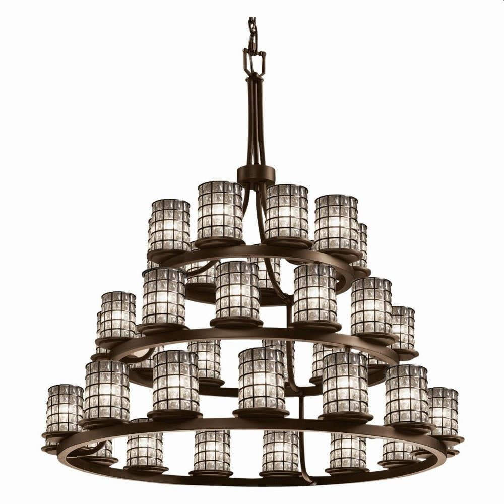 Justice Design - WGL-8712-10-GRCB-DBRZ - Wire Glass Dakota - 36 Light 3-Tier Ring Chandelier with Cylinder Flat Rim Shape Grid with Clear Bubble Wire Glass Shades