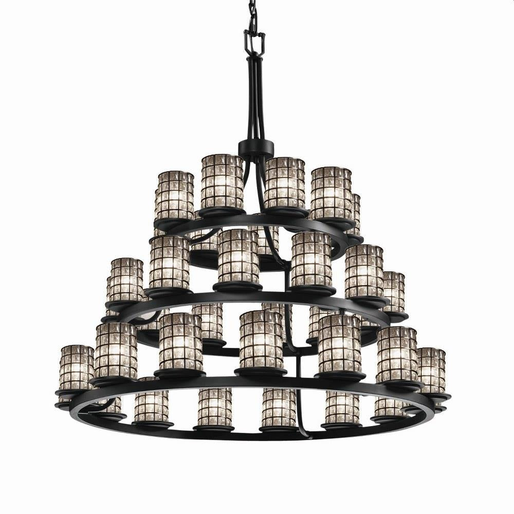 Justice Design - WGL-8712-10-GRCB-DBRZ - Wire Glass Dakota - 36 Light 3-Tier Ring Chandelier with Cylinder Flat Rim Shape Grid with Clear Bubble Wire Glass Shades