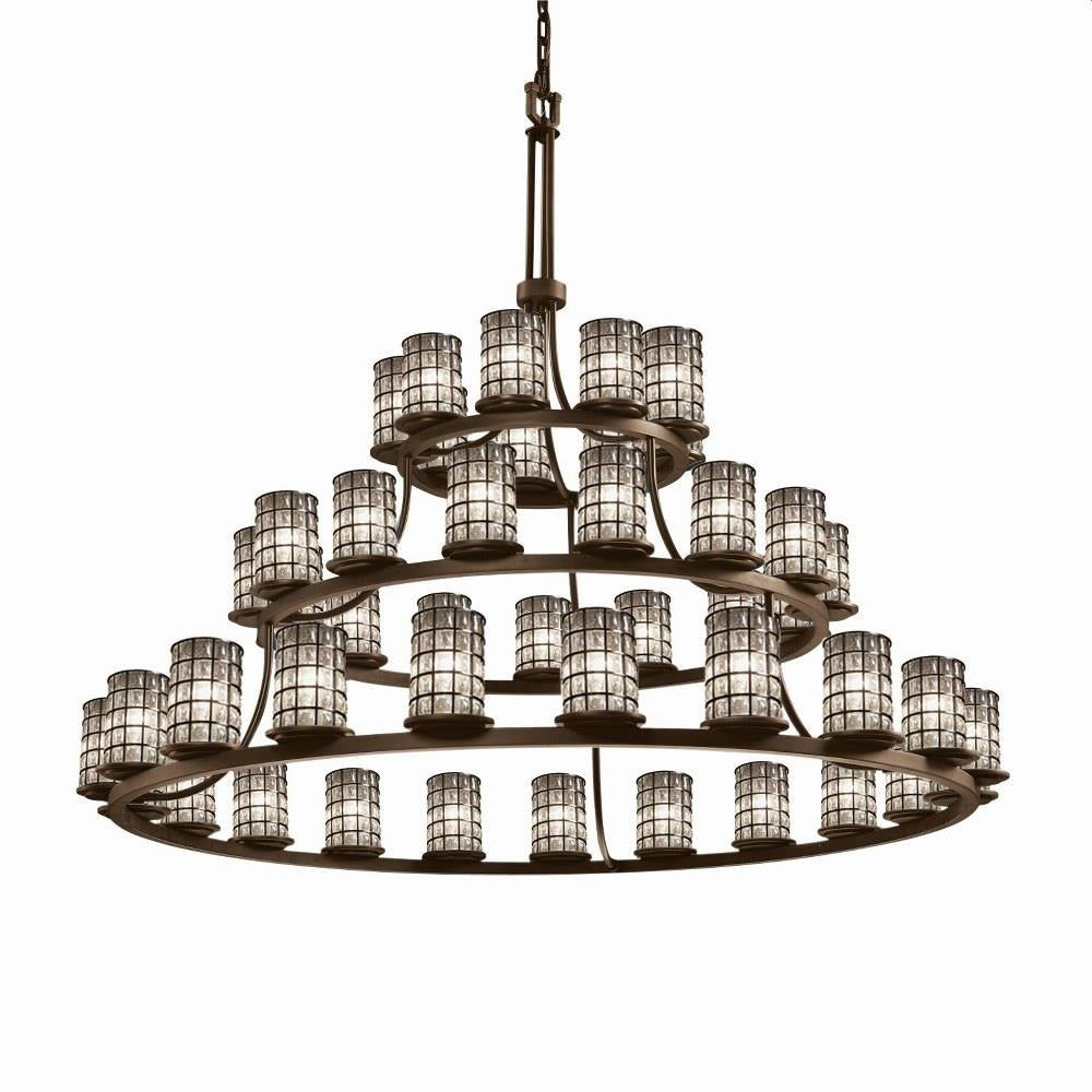 Justice Design - WGL-8714-10-GRCB-DBRZ - Wire Glass Dakota - 45 Light 3-Tier Ring Chandelier with Cylinder Flat Rim Shape Grid with Clear Bubble Wire Glass Shades