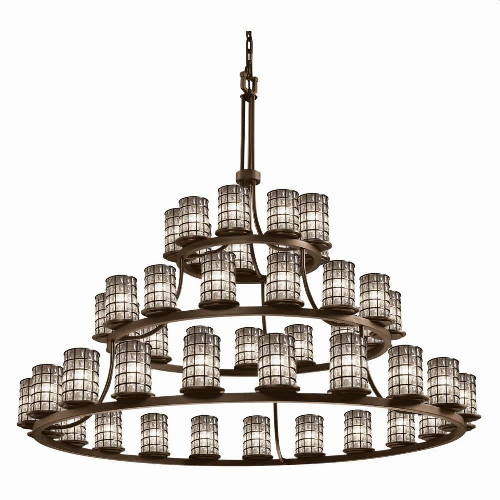 Justice Design - WGL-8714-10-GRCB-DBRZ - Wire Glass Dakota - 45 Light 3-Tier Ring Chandelier with Cylinder Flat Rim Shape Grid with Clear Bubble Wire Glass Shades