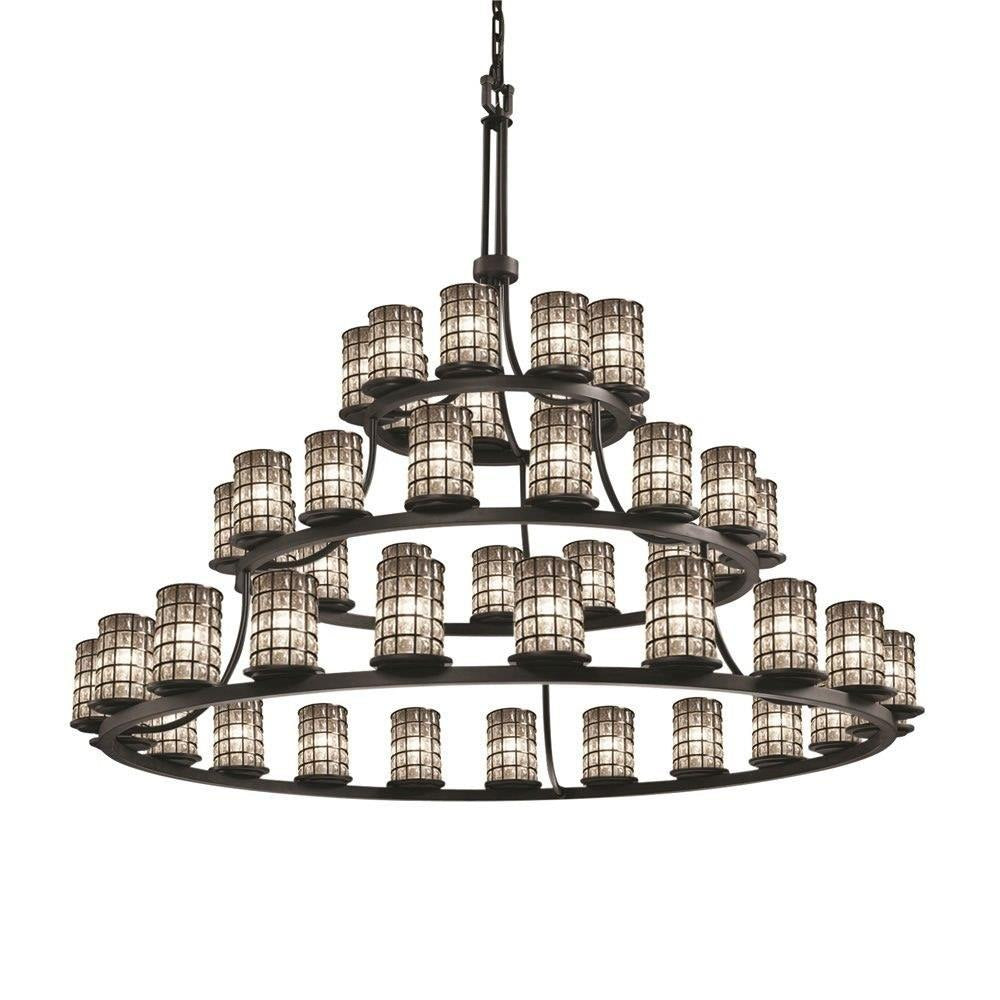 Justice Design - WGL-8714-10-GRCB-DBRZ - Wire Glass Dakota - 45 Light 3-Tier Ring Chandelier with Cylinder Flat Rim Shape Grid with Clear Bubble Wire Glass Shades