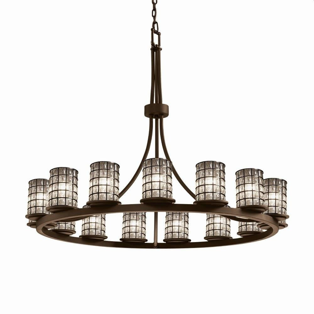 Justice Design - WGL-8715-10-GRCB-DBRZ - Wire Glass Dakota - 15 Light Ring Chandelier with Cylinder Flat Rim Shape Grid with Clear Bubble Wire Glass Shades