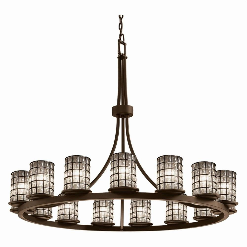 Justice Design - WGL-8715-10-GRCB-DBRZ - Wire Glass Dakota - 15 Light Ring Chandelier with Cylinder Flat Rim Shape Grid with Clear Bubble Wire Glass Shades