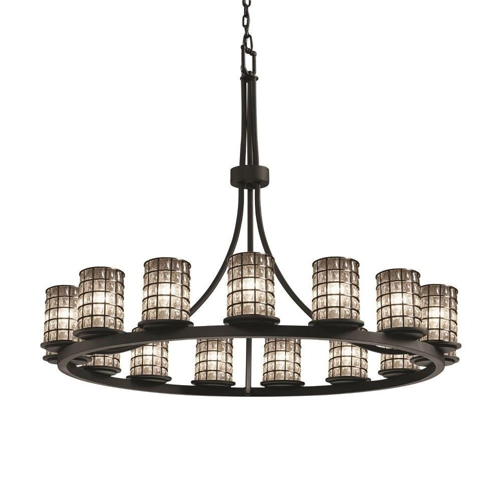 Justice Design - WGL-8715-10-GRCB-DBRZ - Wire Glass Dakota - 15 Light Ring Chandelier with Cylinder Flat Rim Shape Grid with Clear Bubble Wire Glass Shades