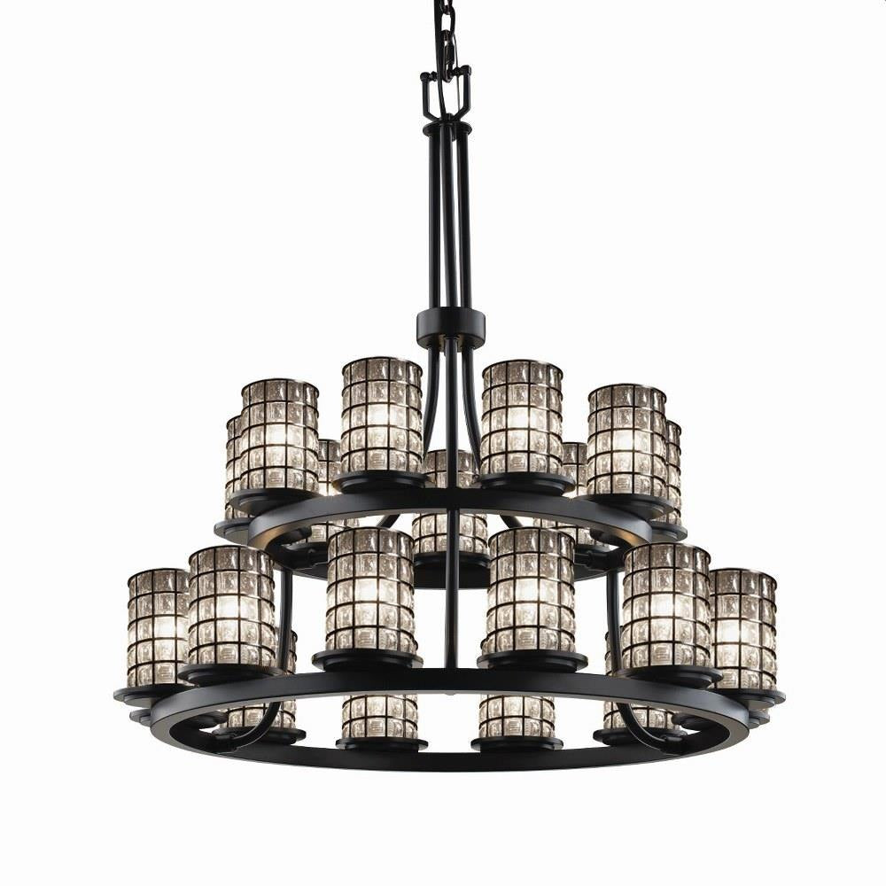 Justice Design - WGL-8767-10-GRCB-MBLK-LED21-14700 - Wire Glass Dakota - 21 Light 2-Tier Ring Chandelier with Cylinder Flat Rim Shape Grid with Clear Bubble Wire Glass Shades