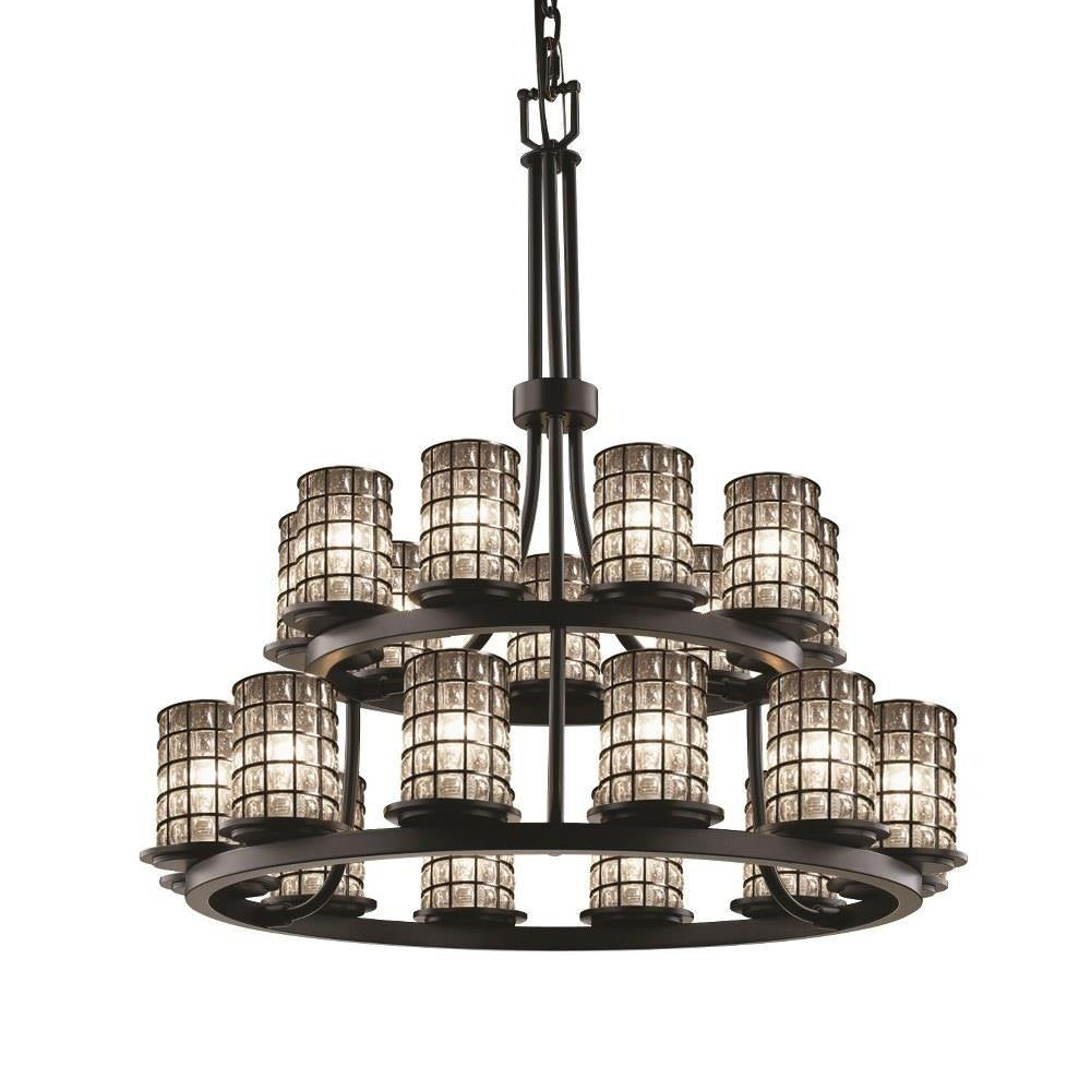 Justice Design - WGL-8767-10-GRCB-MBLK-LED21-14700 - Wire Glass Dakota - 21 Light 2-Tier Ring Chandelier with Cylinder Flat Rim Shape Grid with Clear Bubble Wire Glass Shades
